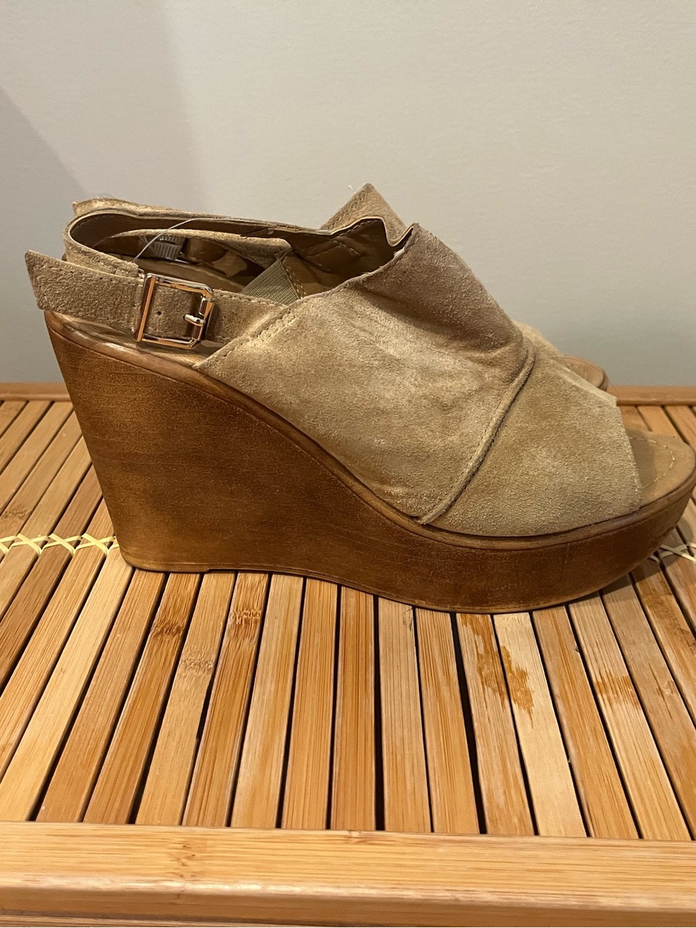 Mila Paoli Suede Wedge Slingback Sandals in Taupe/Brown
